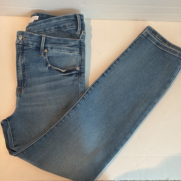 Good American crossover waist asymmetrical waist straight leg indigo blue jeans - Picture 10 of 16